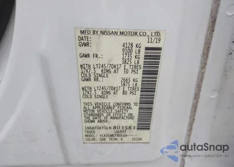2020 Nissan Nv Cargo Nv2500 Hd S Standard Roof V6 from USA, damaged, VIN 1N6BF0KY0LN803583